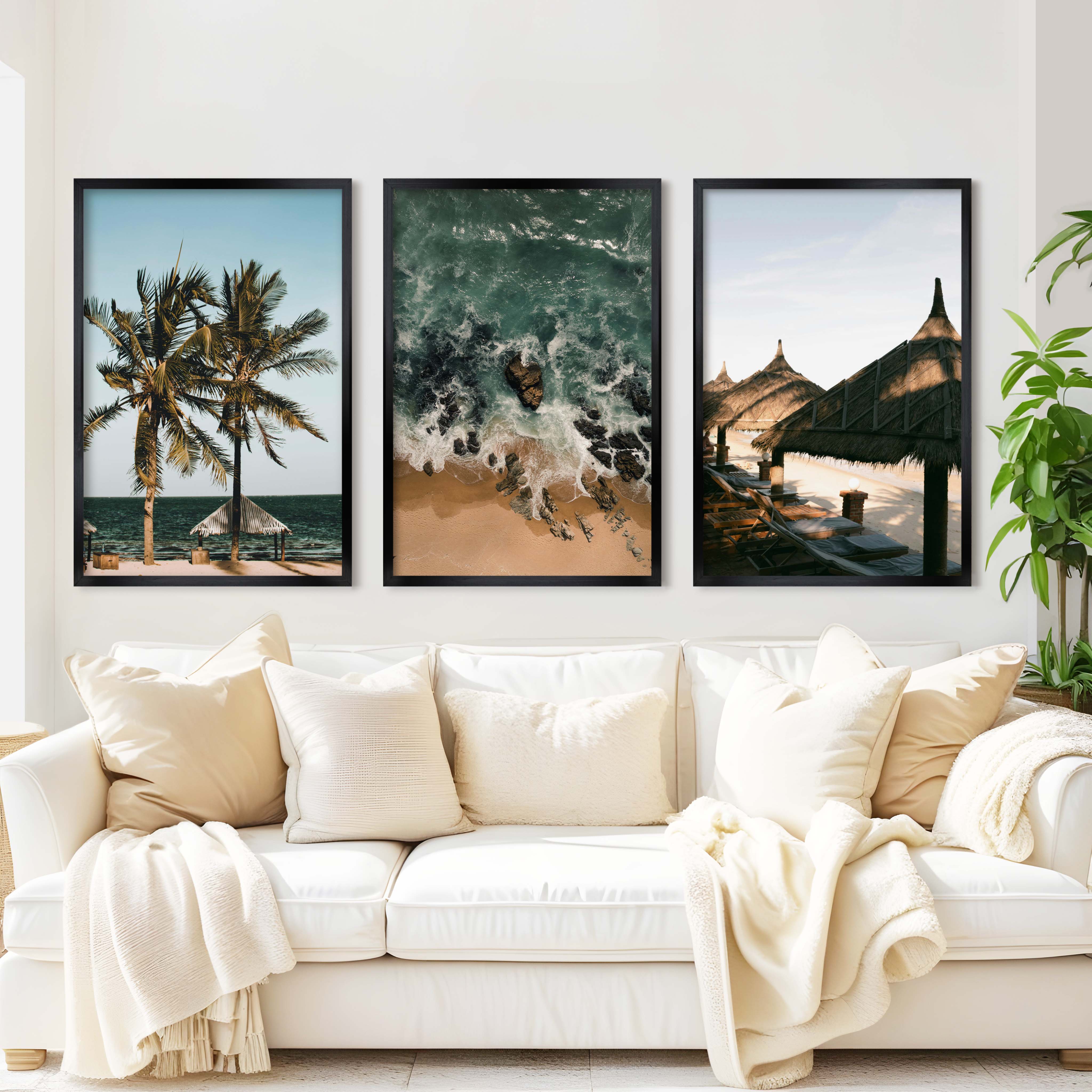 Coastal Wall Artwork – Tropical Beach Huts & Ocean Prints (Set of 3) - Black Framed Poster No Border - Artworksets