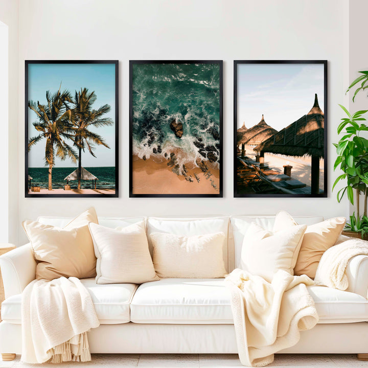 Coastal Wall Artwork – Tropical Beach Huts & Ocean Prints (Set of 3) - Black Framed Poster No Border - Artworksets