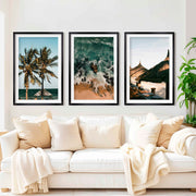 Coastal Wall Artwork – Tropical Beach Huts & Ocean Prints (Set of 3) - Black Framed Poster with White Border - Artworksets