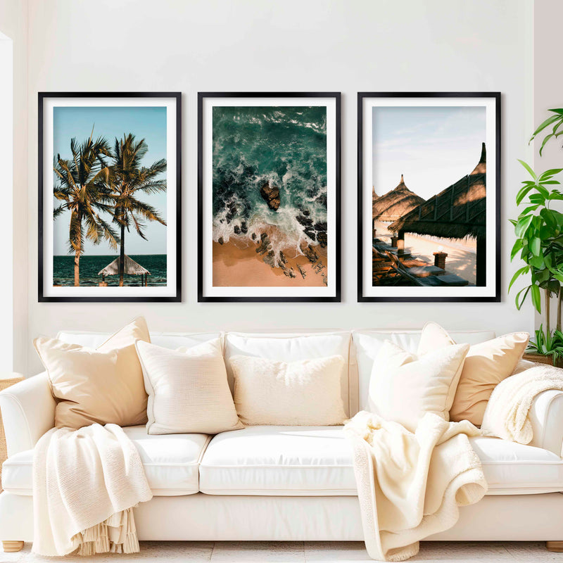 Coastal Wall Artwork – Tropical Beach Huts & Ocean Prints (Set of 3) - Black Framed Poster with White Border - Artworksets