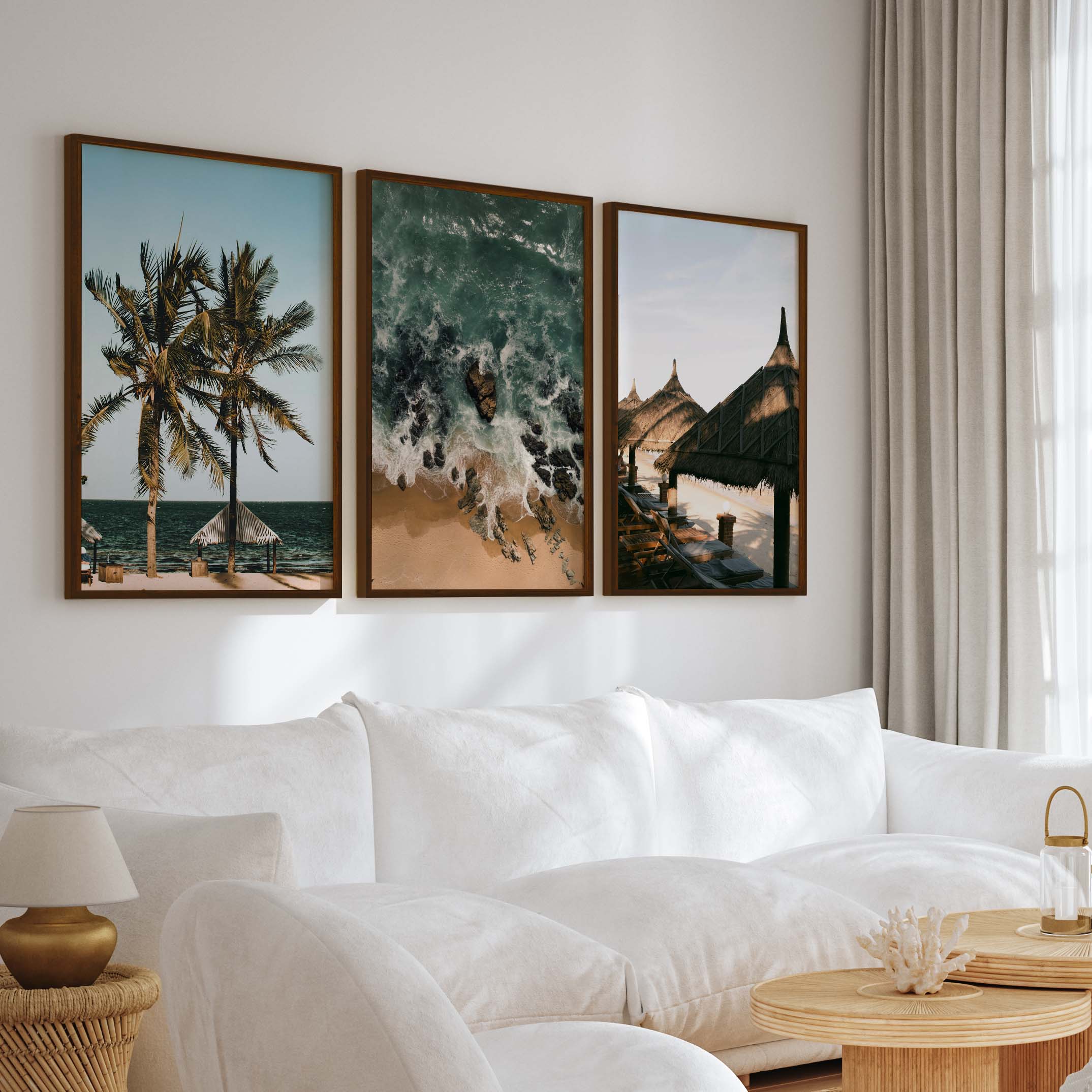 Coastal Wall Artwork – Tropical Beach Huts & Ocean Prints (Set of 3) - Dark Brown Framed Poster No Border - Artworksets