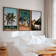 Coastal Wall Artwork – Tropical Beach Huts & Ocean Prints (Set of 3) - Dark Brown Framed Poster No Border - Artworksets