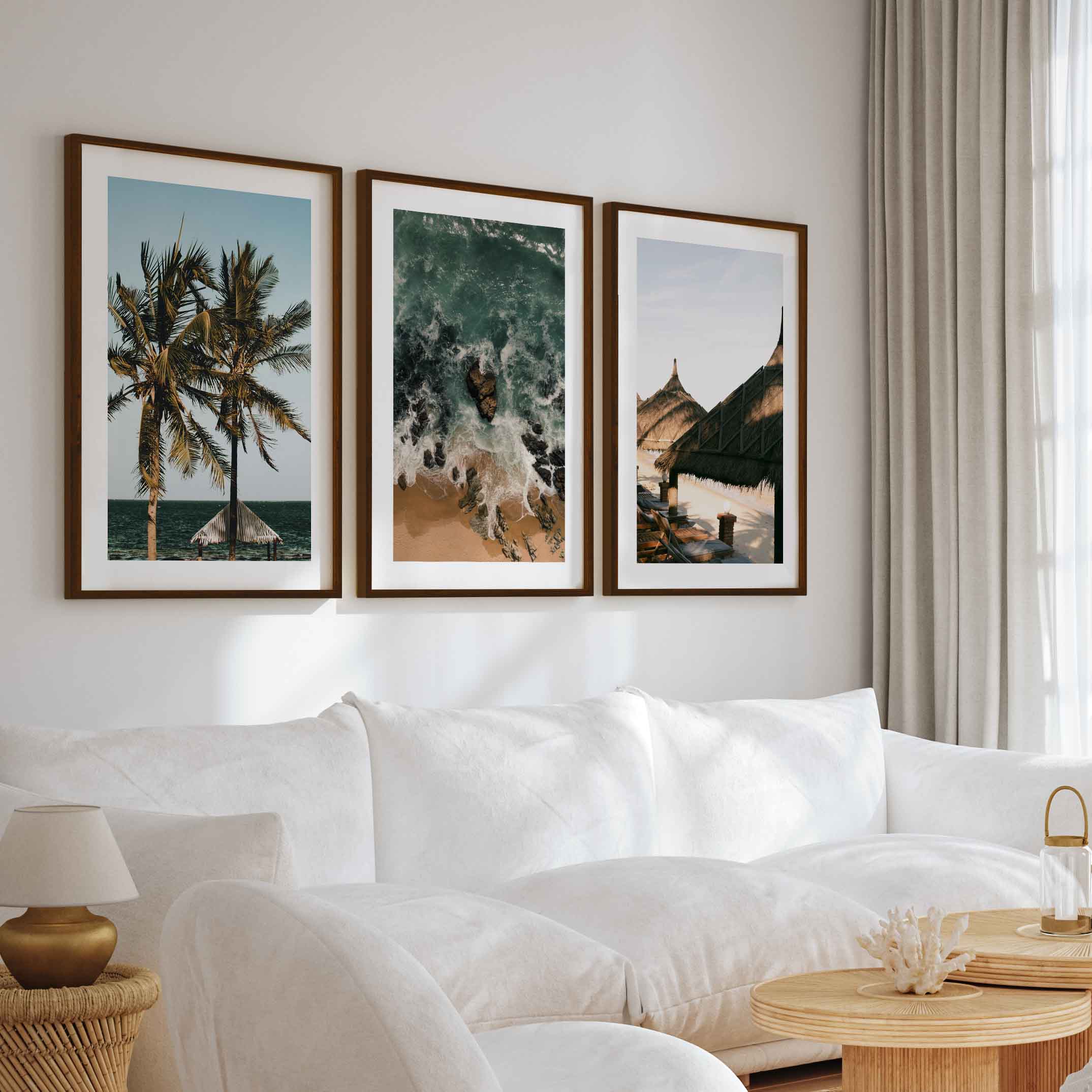 Coastal Wall Artwork – Tropical Beach Huts & Ocean Prints (Set of 3) - Dark Brown Framed Poster with White Border - Artworksets