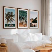Coastal Wall Artwork – Tropical Beach Huts & Ocean Prints (Set of 3) - Dark Brown Framed Poster with White Border - Artworksets