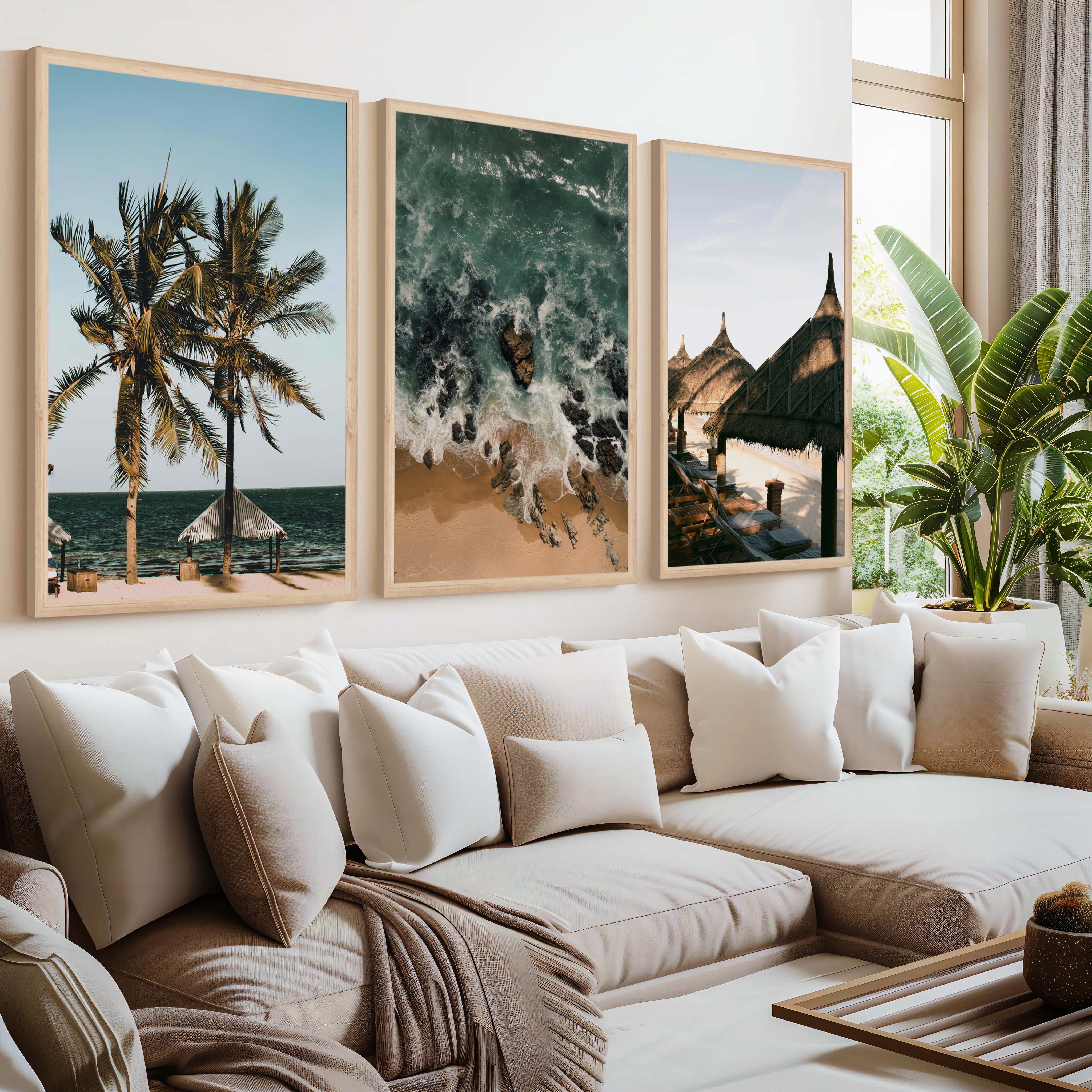 Coastal Wall Artwork – Tropical Beach Huts & Ocean Prints (Set of 3) - Natural Wood Framed Poster No Border - Artworksets
