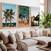 Coastal Wall Artwork – Tropical Beach Huts & Ocean Prints (Set of 3) - Natural Wood Framed Poster No Border - Artworksets