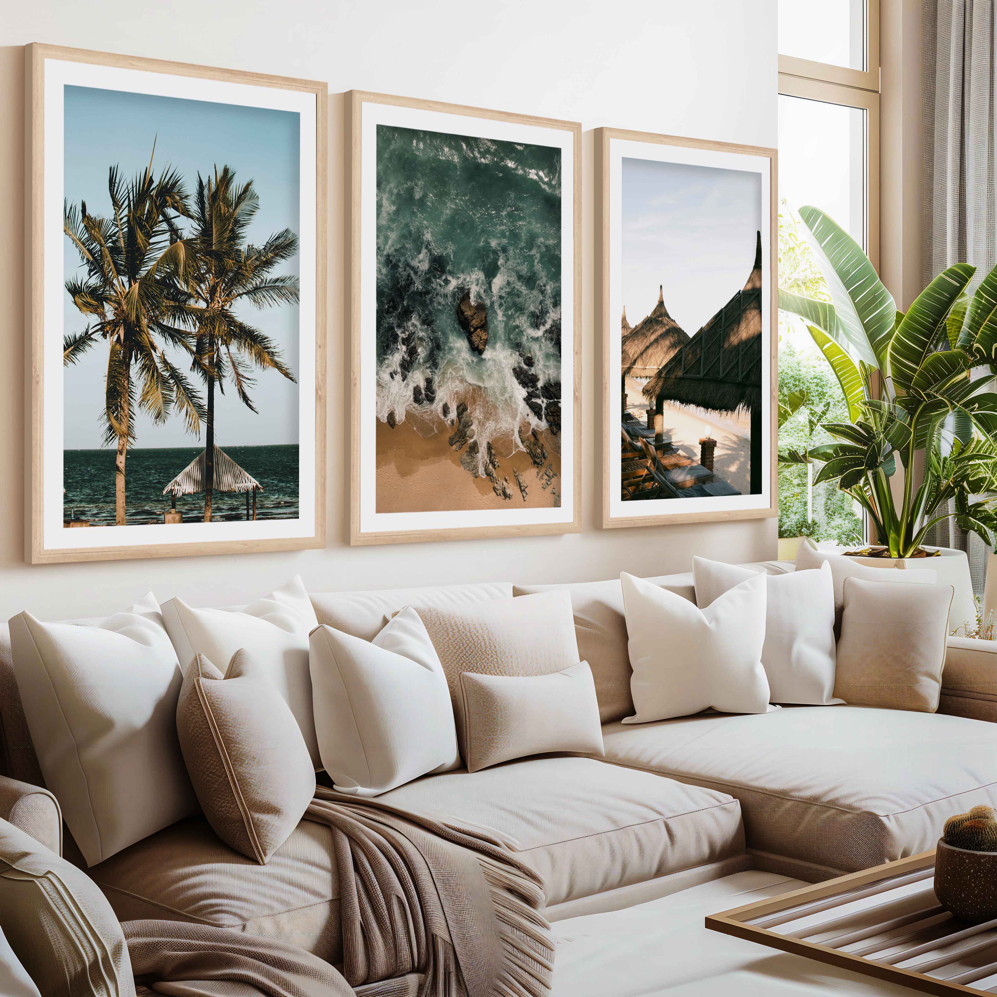Coastal Wall Artwork – Tropical Beach Huts & Ocean Prints (Set of 3)- Natural Wood Framed Poster with White Border - Artworksets