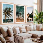 Coastal Wall Artwork – Tropical Beach Huts & Ocean Prints (Set of 3)- Natural Wood Framed Poster with White Border - Artworksets