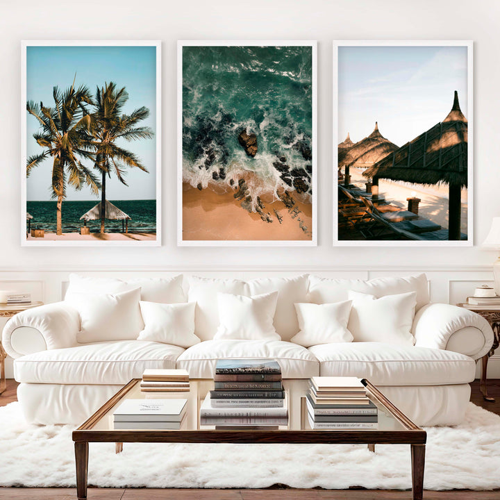 Coastal Wall Artwork – Tropical Beach Huts & Ocean Prints (Set of 3) - White Framed Poster No Border - Artworksets