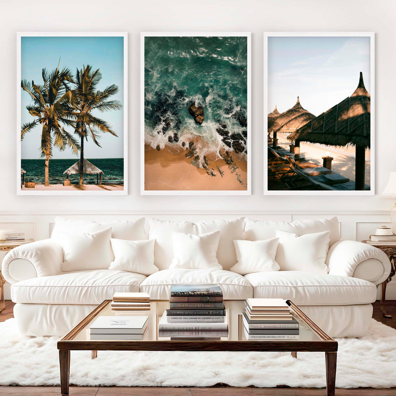 Coastal Wall Artwork – Tropical Beach Huts & Ocean Prints (Set of 3) - White Framed Poster No Border - Artworksets