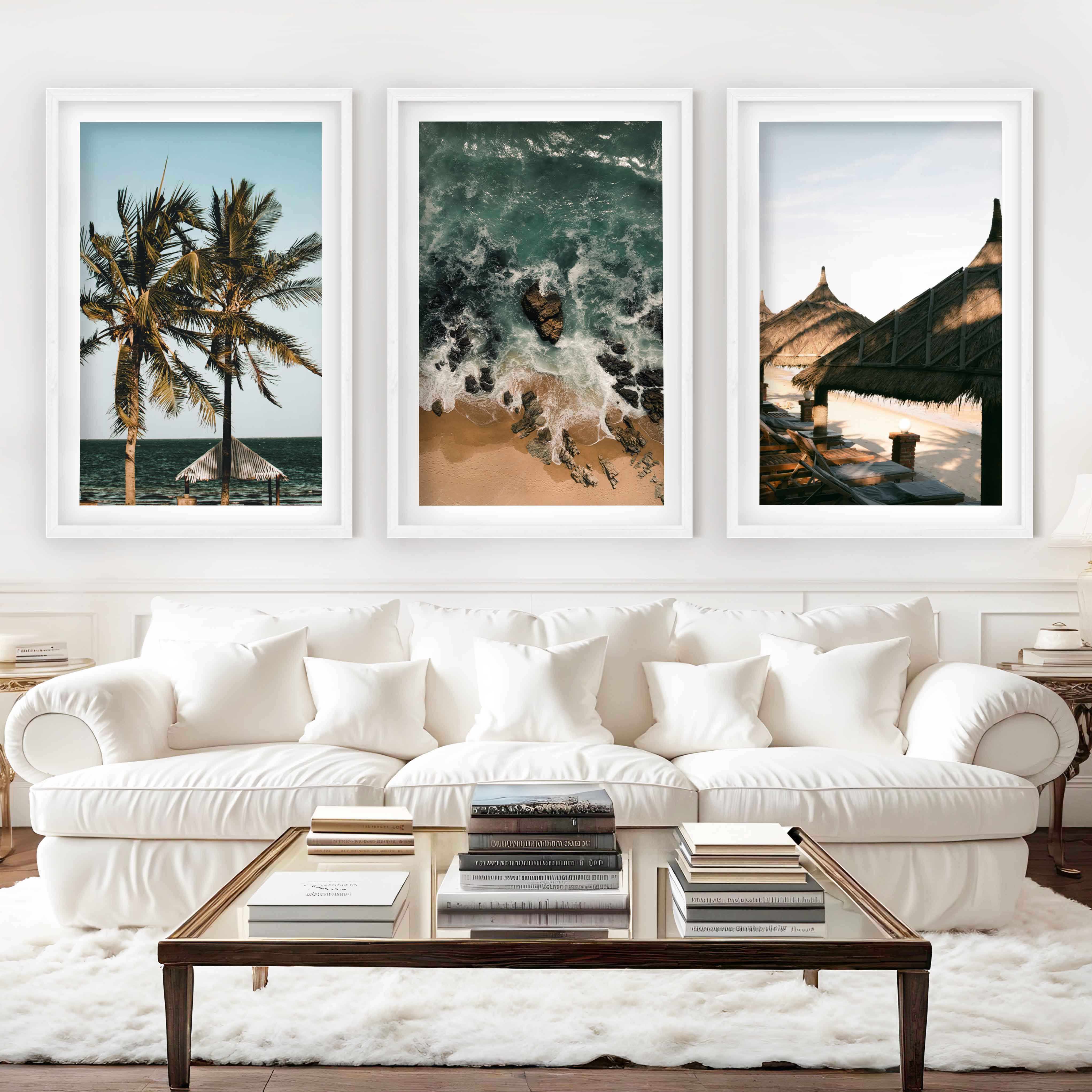 Coastal Wall Artwork – Tropical Beach Huts & Ocean Prints (Set of 3) - White Framed Poster with White Border - Artworksets