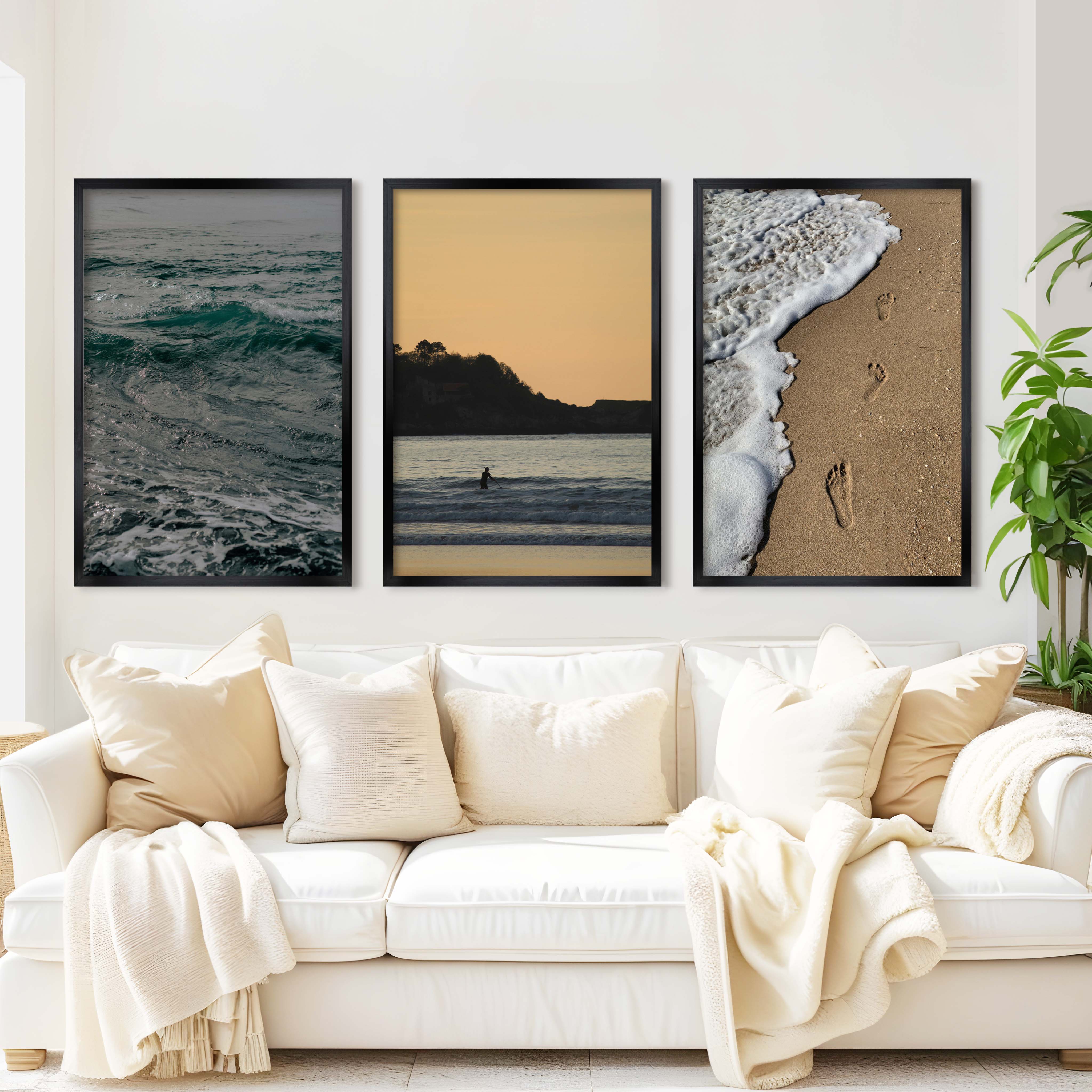 Coastal Wall Collage – Footprints, Sunset, and Ocean Textures (3 Prints) - Black Framed Poster No Border - Artworksets