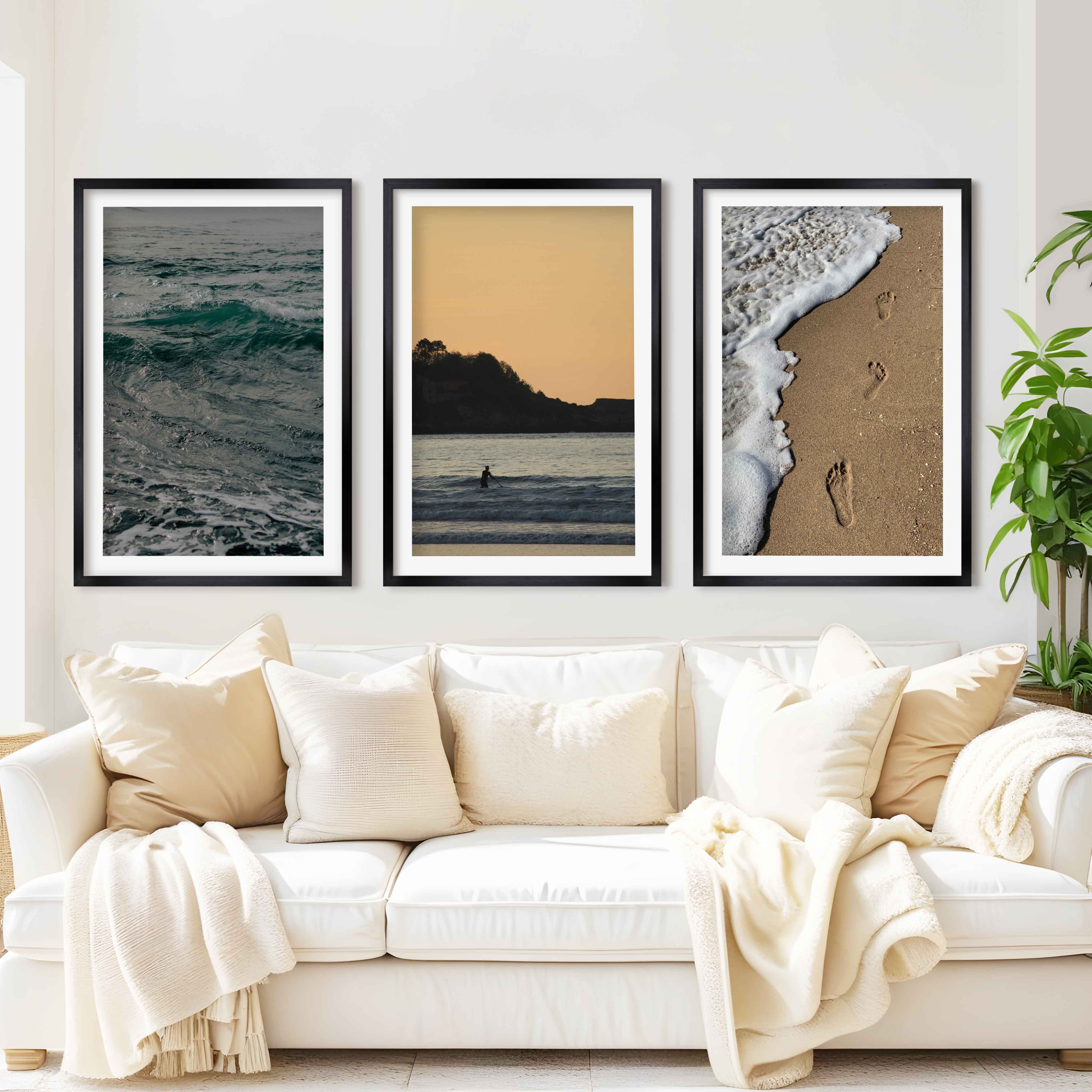 Coastal Wall Collage – Footprints, Sunset, and Ocean Textures (3 Prints) - Black Framed Poster with White Border - Artworksets