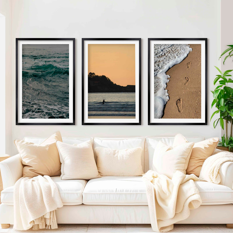 Coastal Wall Collage – Footprints, Sunset, and Ocean Textures (3 Prints) - Black Framed Poster with White Border - Artworksets