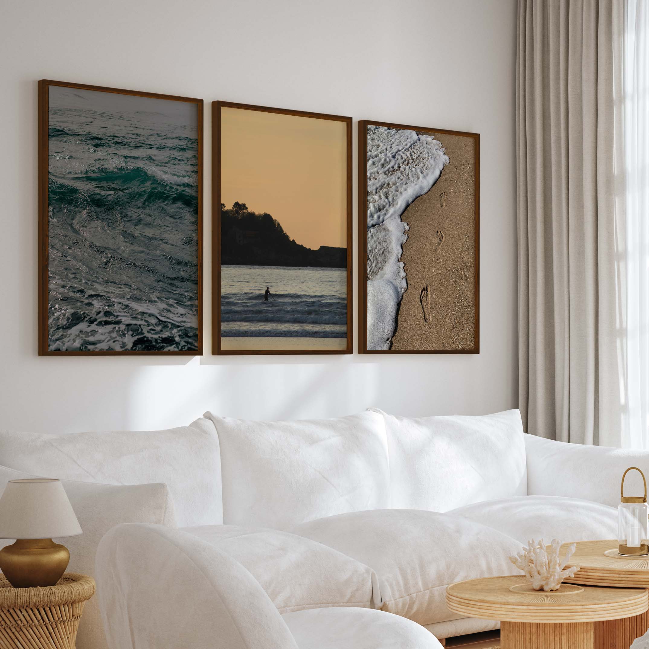 Coastal Wall Collage – Footprints, Sunset, and Ocean Textures (3 Prints) - Dark Brown Framed Poster No Border - Artworksets