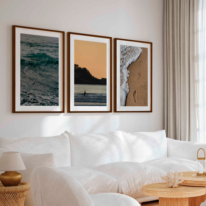 Coastal Wall Collage – Footprints, Sunset, and Ocean Textures (3 Prints) - Dark Brown Framed Poster with White Border - Artworksets