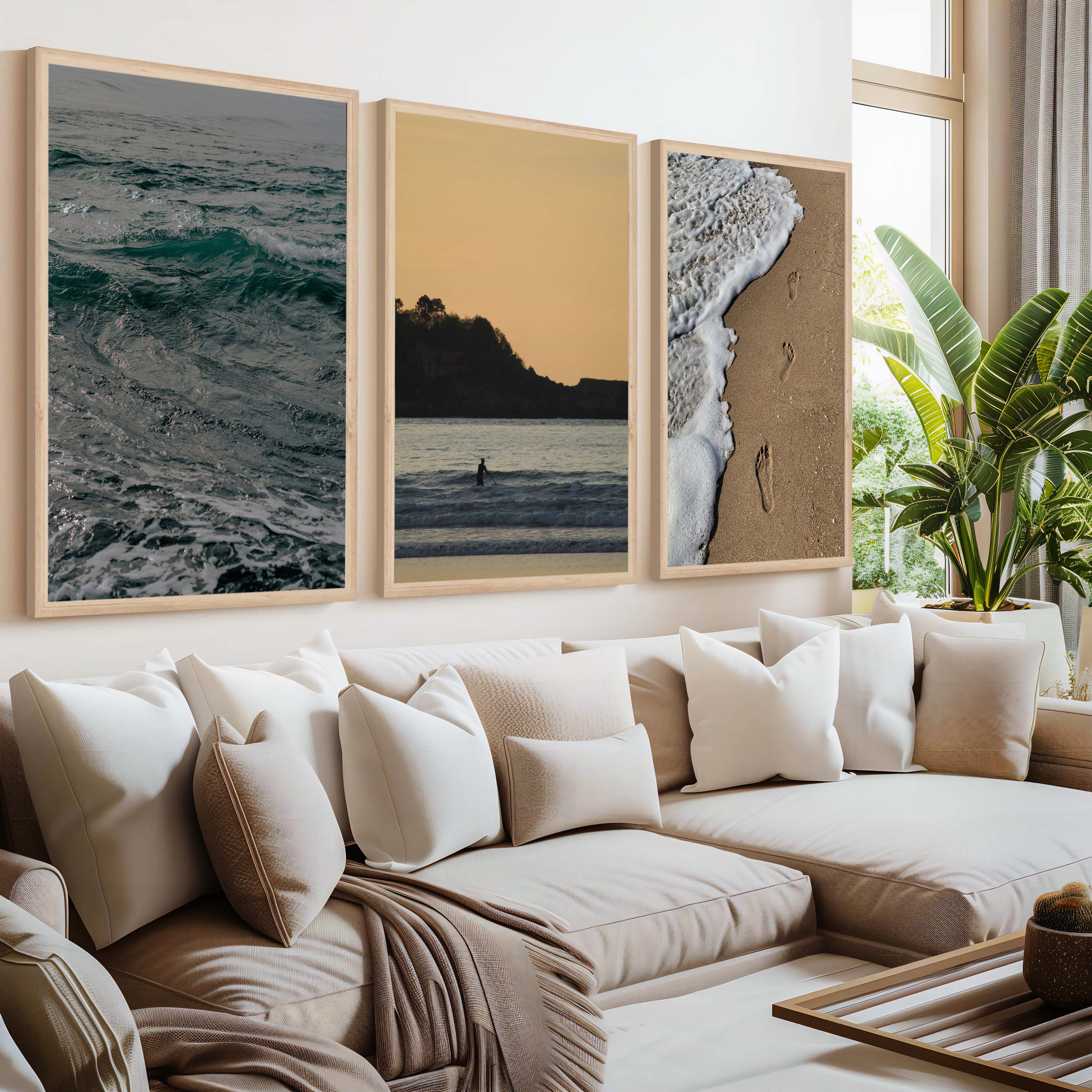 Coastal Wall Collage – Footprints, Sunset, and Ocean Textures (3 Prints) - Natural Wood Framed Poster No Border - Artworksets
