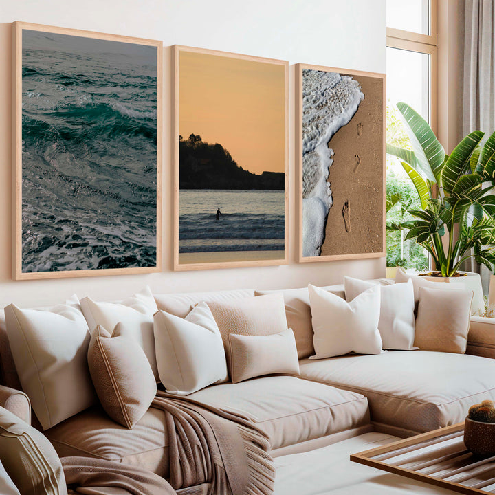 Coastal Wall Collage – Footprints, Sunset, and Ocean Textures (3 Prints) - Natural Wood Framed Poster No Border - Artworksets
