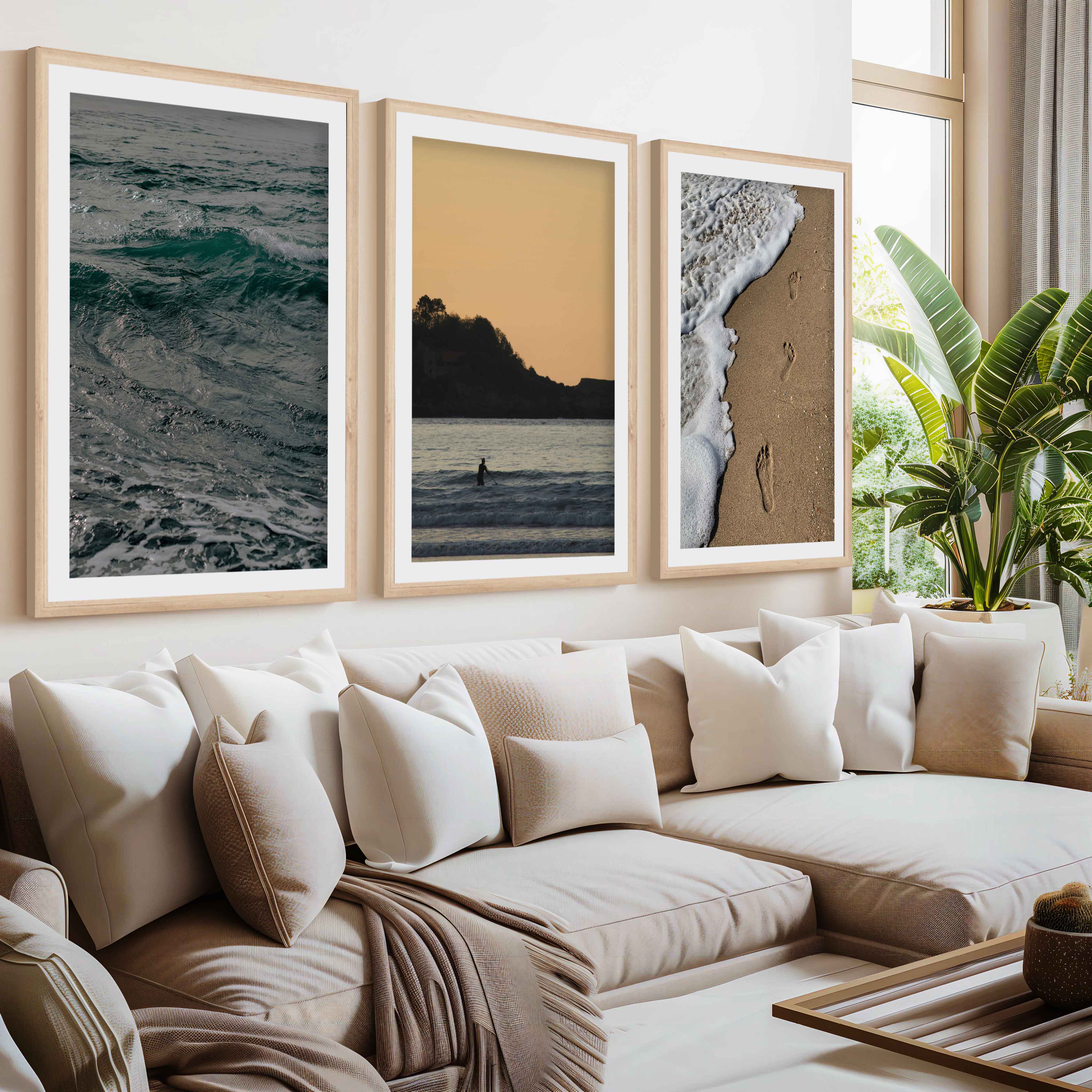 Coastal Wall Collage – Footprints, Sunset, and Ocean Textures (3 Prints)- Natural Wood Framed Poster with White Border - Artworksets