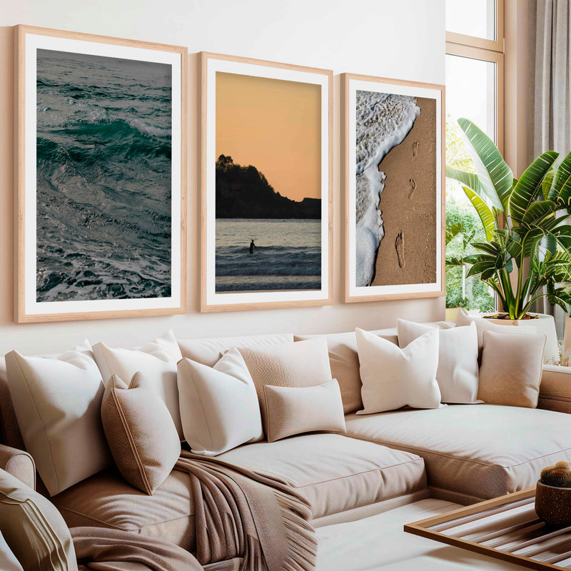 Coastal Wall Collage – Footprints, Sunset, and Ocean Textures (3 Prints)- Natural Wood Framed Poster with White Border - Artworksets