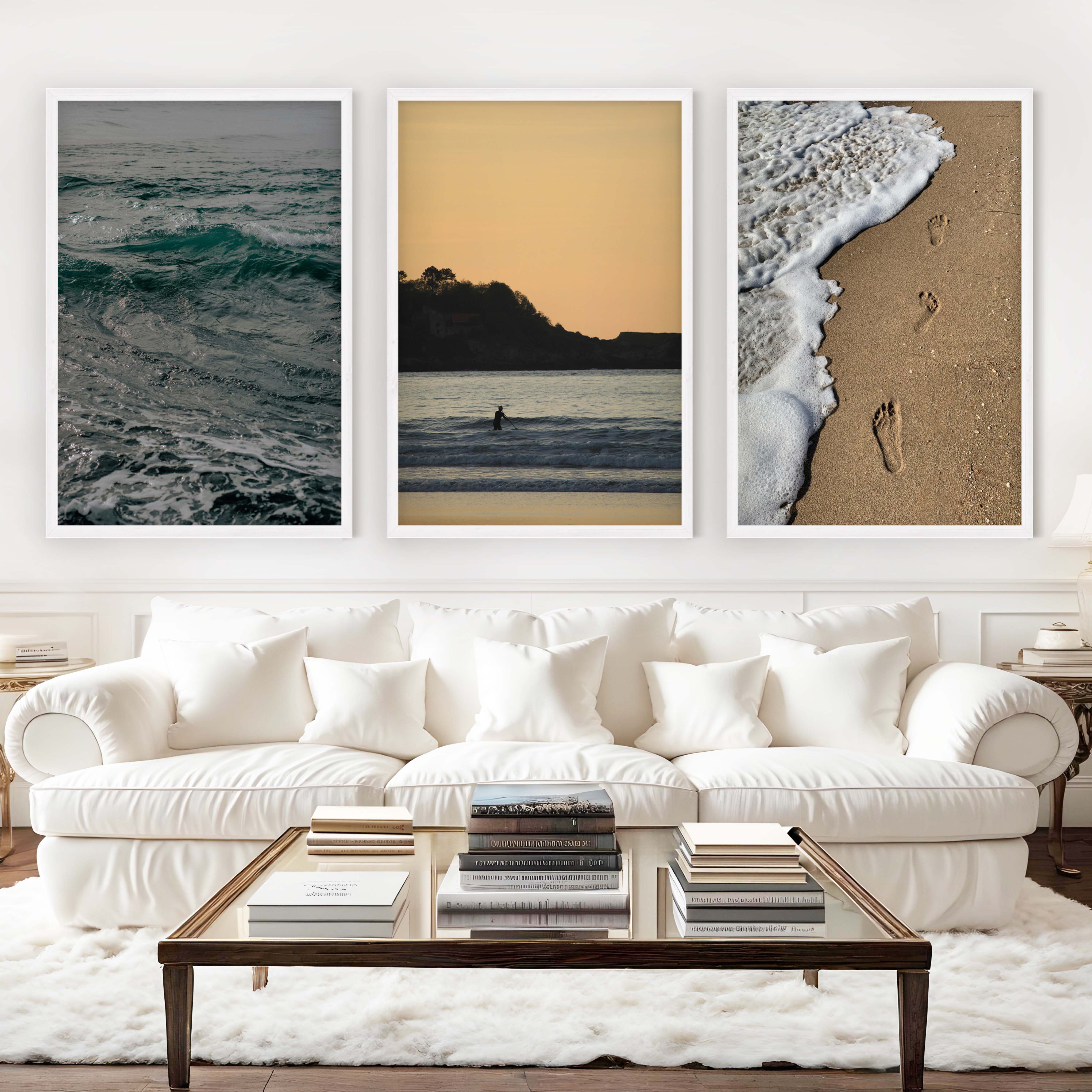 Coastal Wall Collage – Footprints, Sunset, and Ocean Textures (3 Prints) - White Framed Poster No Border - Artworksets