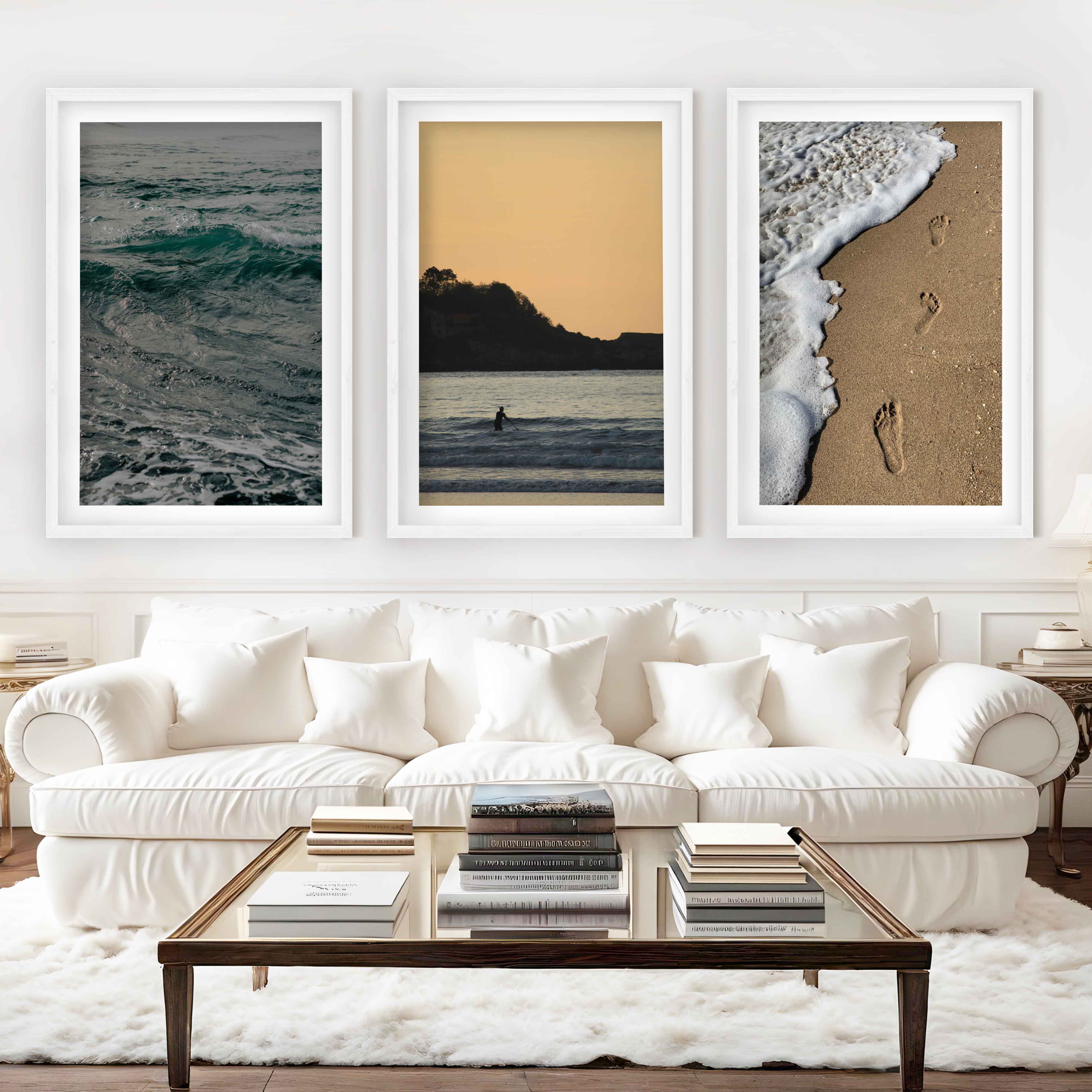 Coastal Wall Collage – Footprints, Sunset, and Ocean Textures (3 Prints) - White Framed Poster with White Border - Artworksets