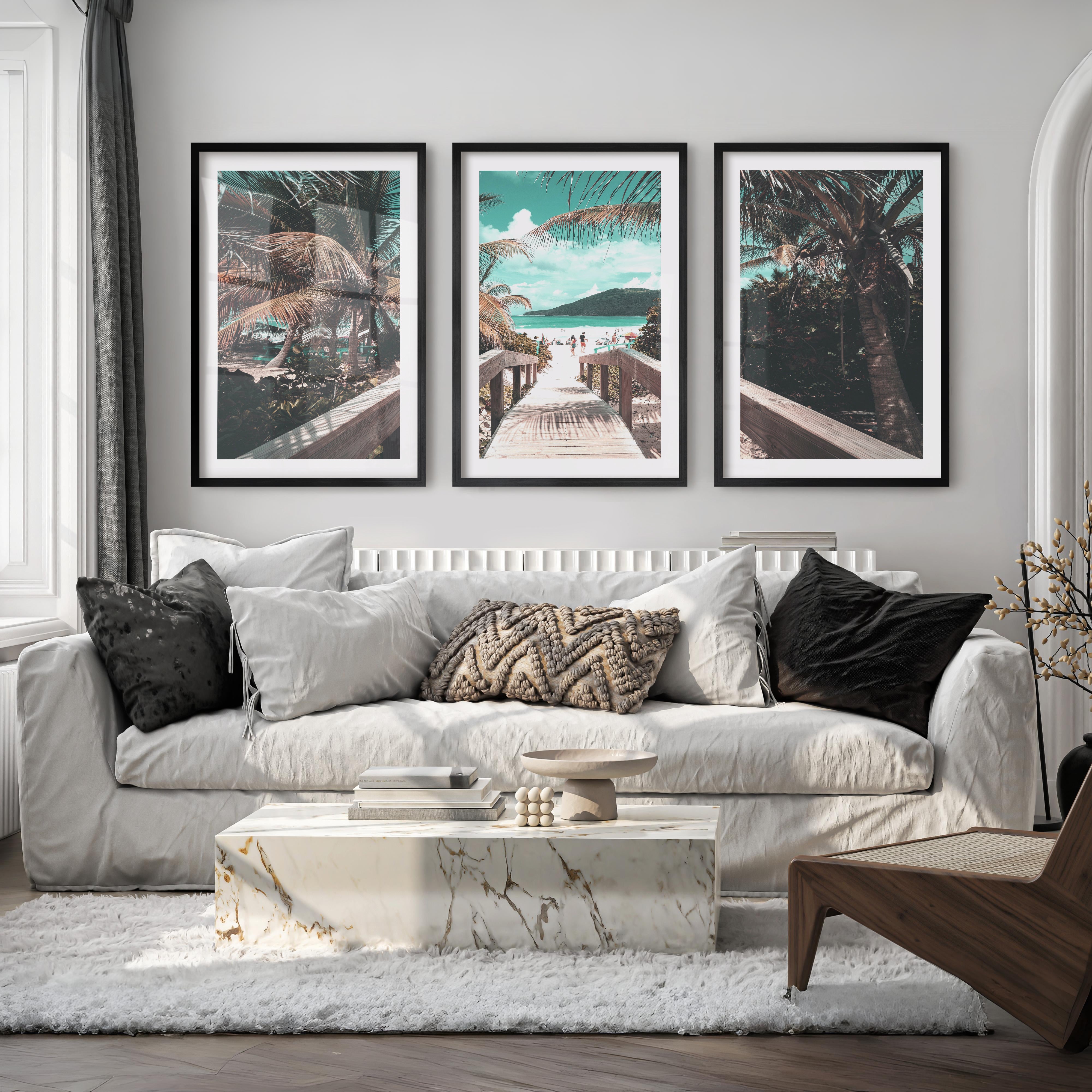 Palm Boardwalk Coastal Wall Decor for Living Room - Black Framed Poster with White Border - Artworksets