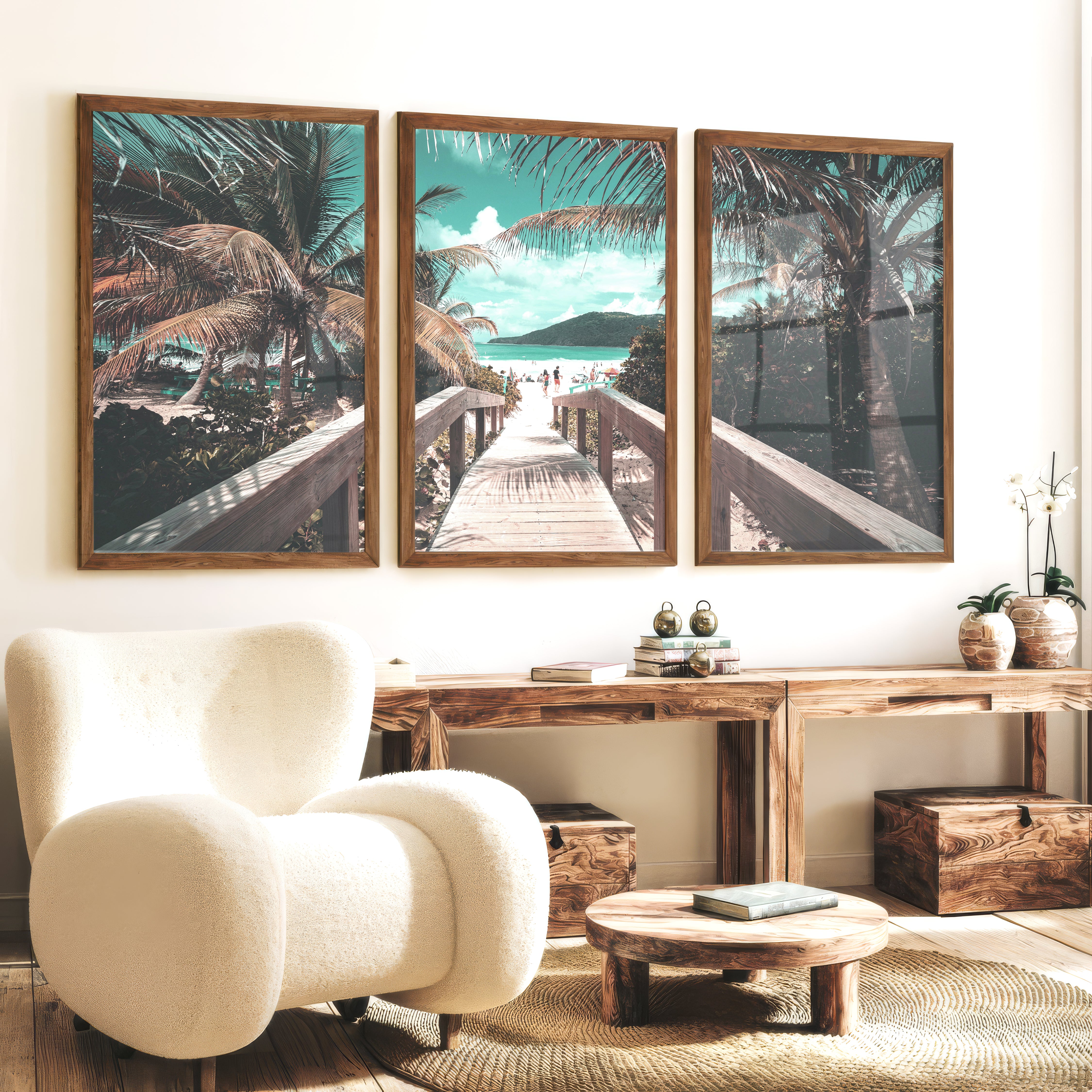 Palm Boardwalk Coastal Wall Decor for Living Room - Dark Brown Framed Poster No Border - Artworksets