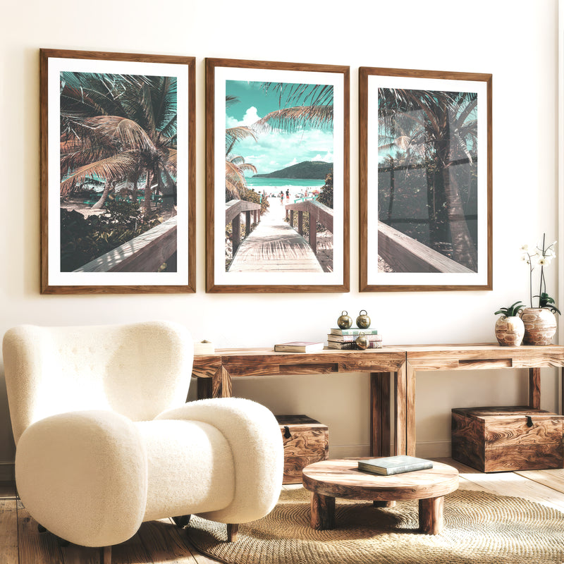 Palm Boardwalk Coastal Wall Decor for Living Room - Dark Brown Framed Poster with White Border - Artworksets