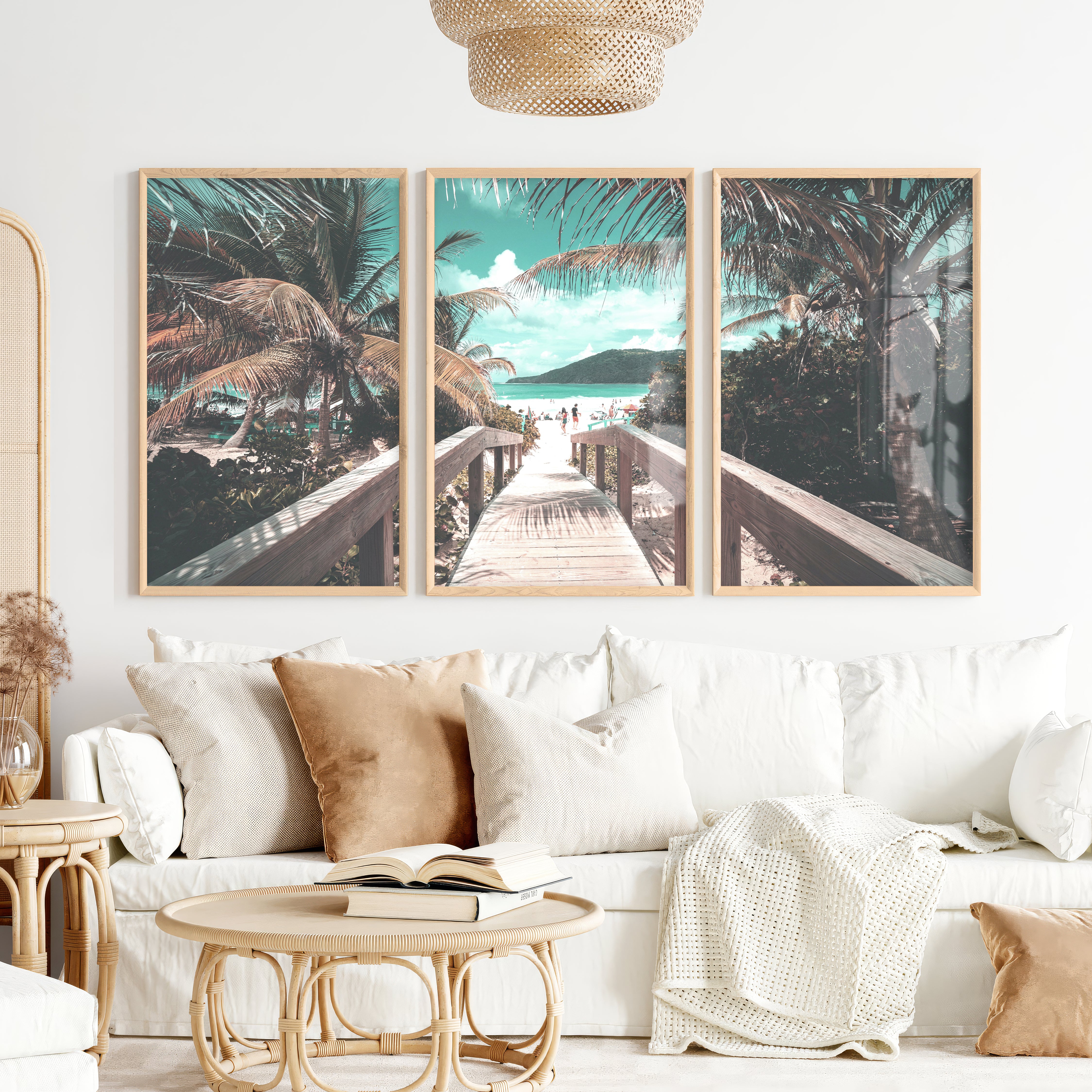 Palm Boardwalk Coastal Wall Decor for Living Room - Natural Wood Framed Poster No Border - Artworksets