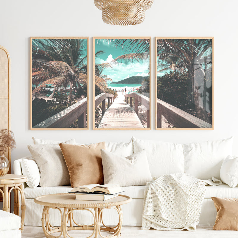 Palm Boardwalk Coastal Wall Decor for Living Room - Natural Wood Framed Poster No Border - Artworksets