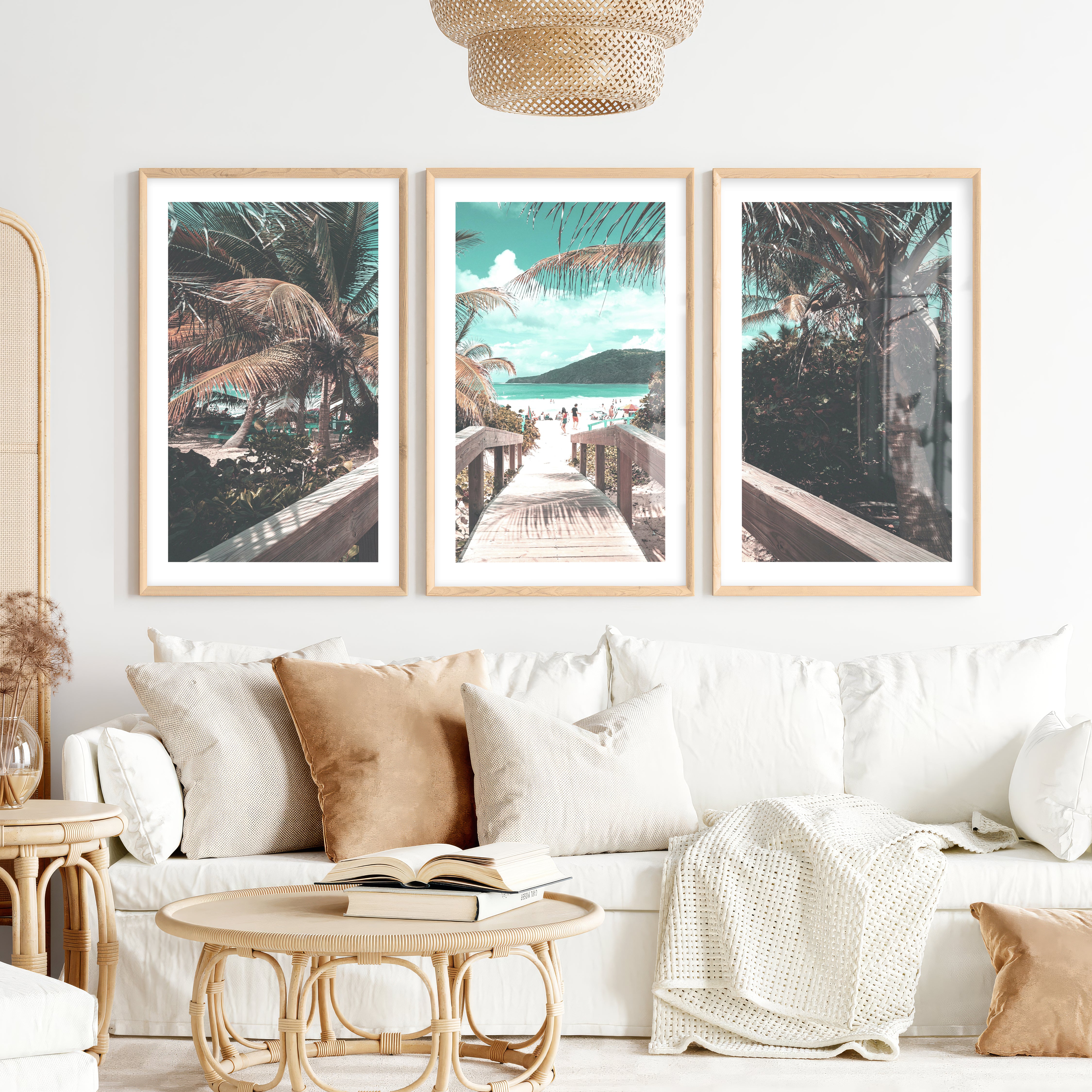 Palm Boardwalk Coastal Wall Decor for Living Room- Natural Wood Framed Poster with White Border - Artworksets