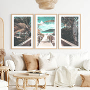 Palm Boardwalk Coastal Wall Decor for Living Room- Natural Wood Framed Poster with White Border - Artworksets