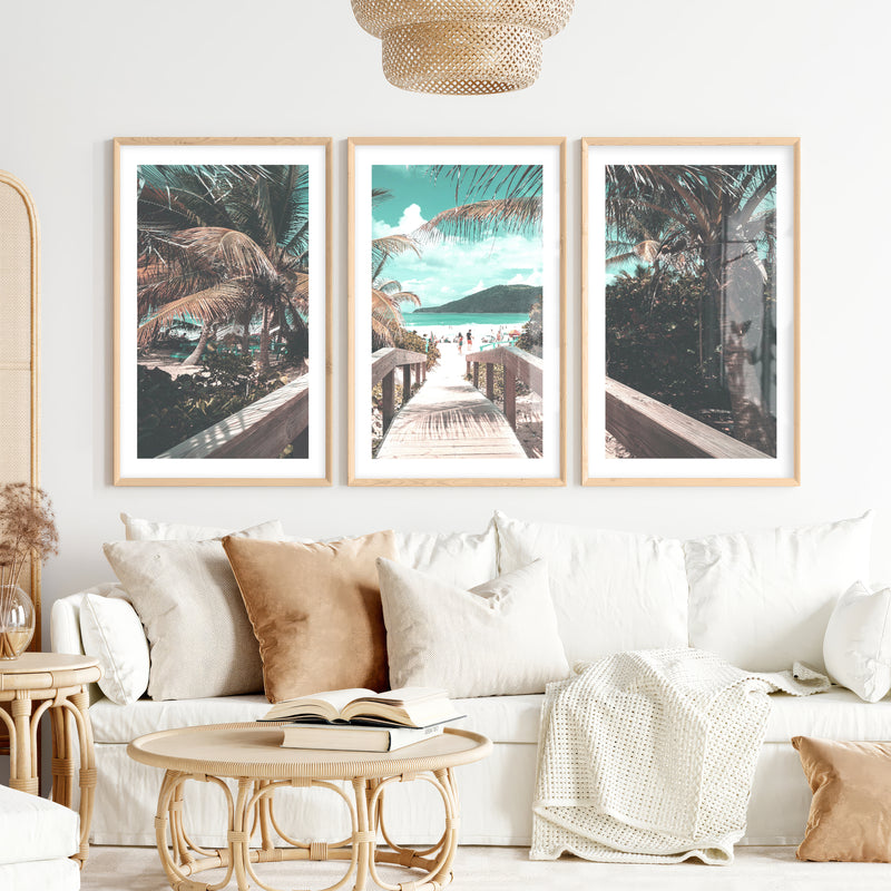 Palm Boardwalk Coastal Wall Decor for Living Room- Natural Wood Framed Poster with White Border - Artworksets