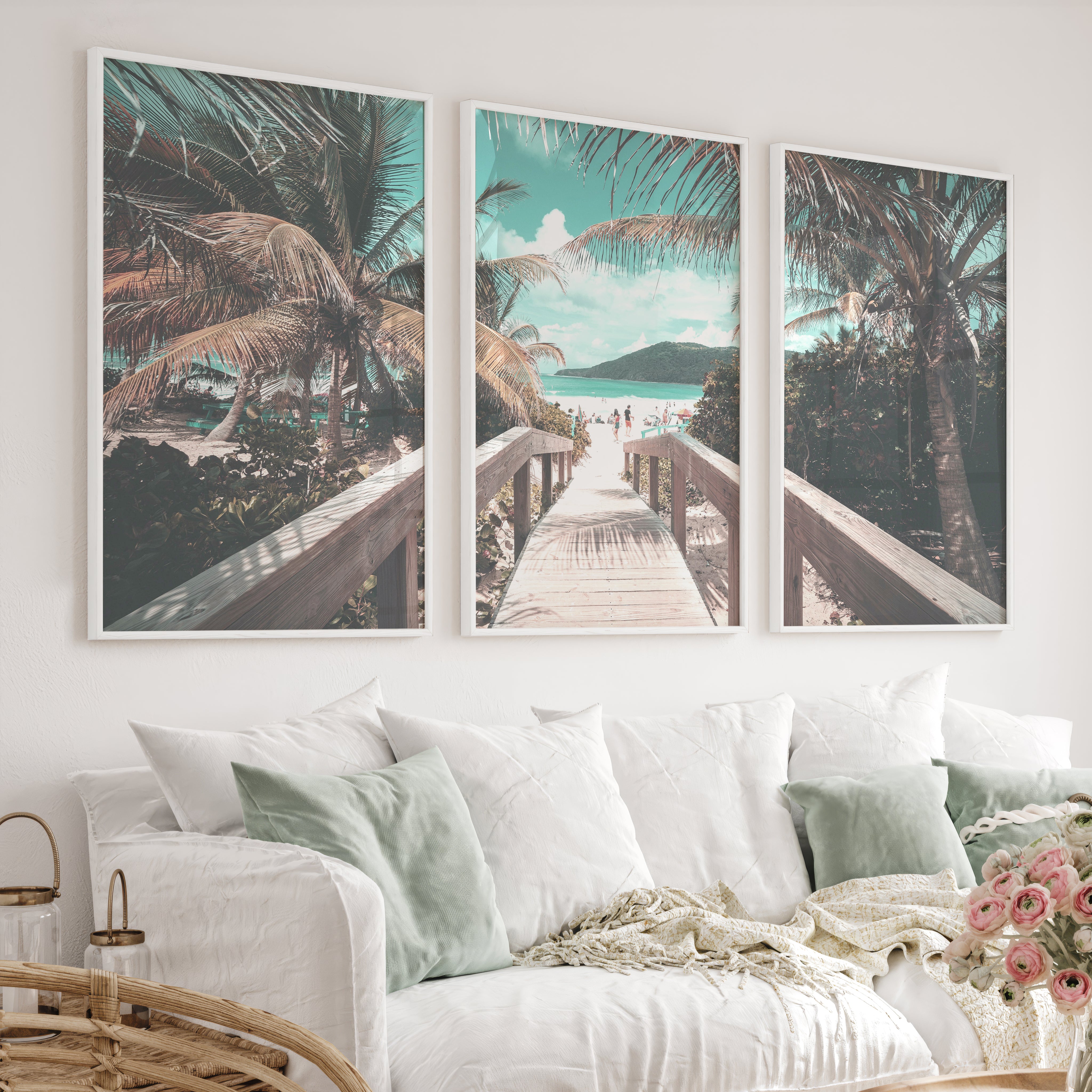Palm Boardwalk Coastal Wall Decor for Living Room - White Framed Poster No Border - Artworksets
