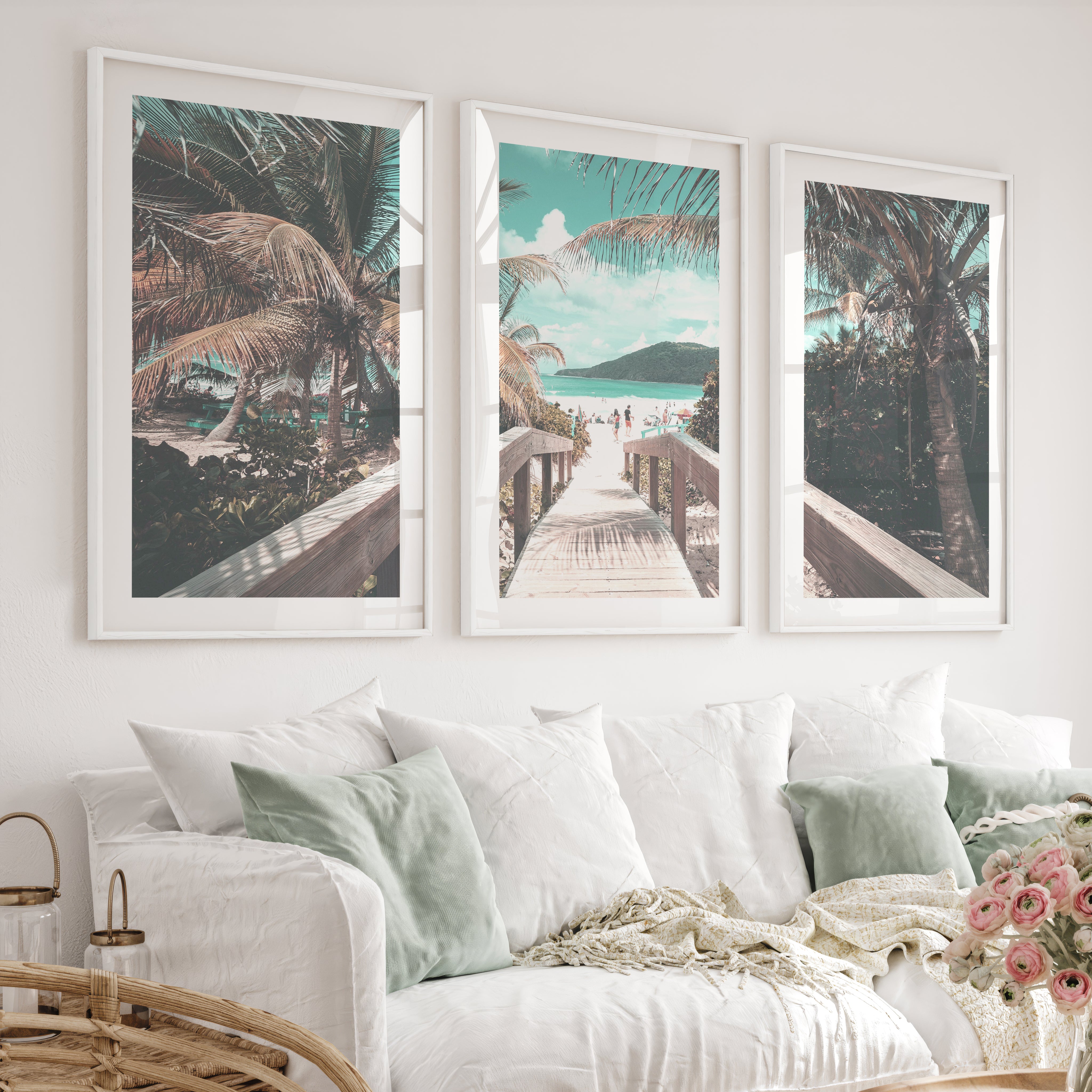 Palm Boardwalk Coastal Wall Decor for Living Room - White Framed Poster with White Border - Artworksets