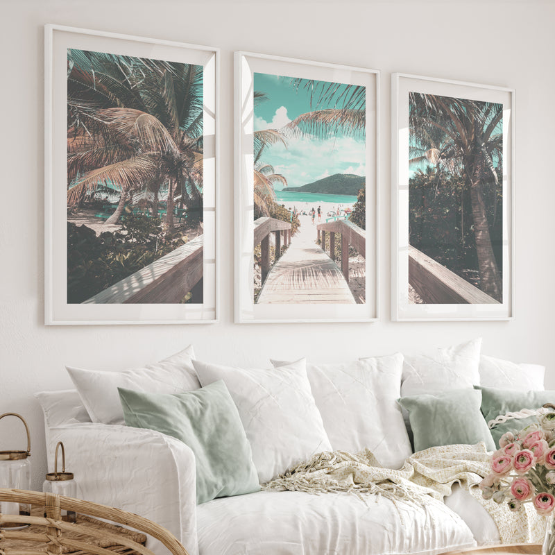 Palm Boardwalk Coastal Wall Decor for Living Room - White Framed Poster with White Border - Artworksets