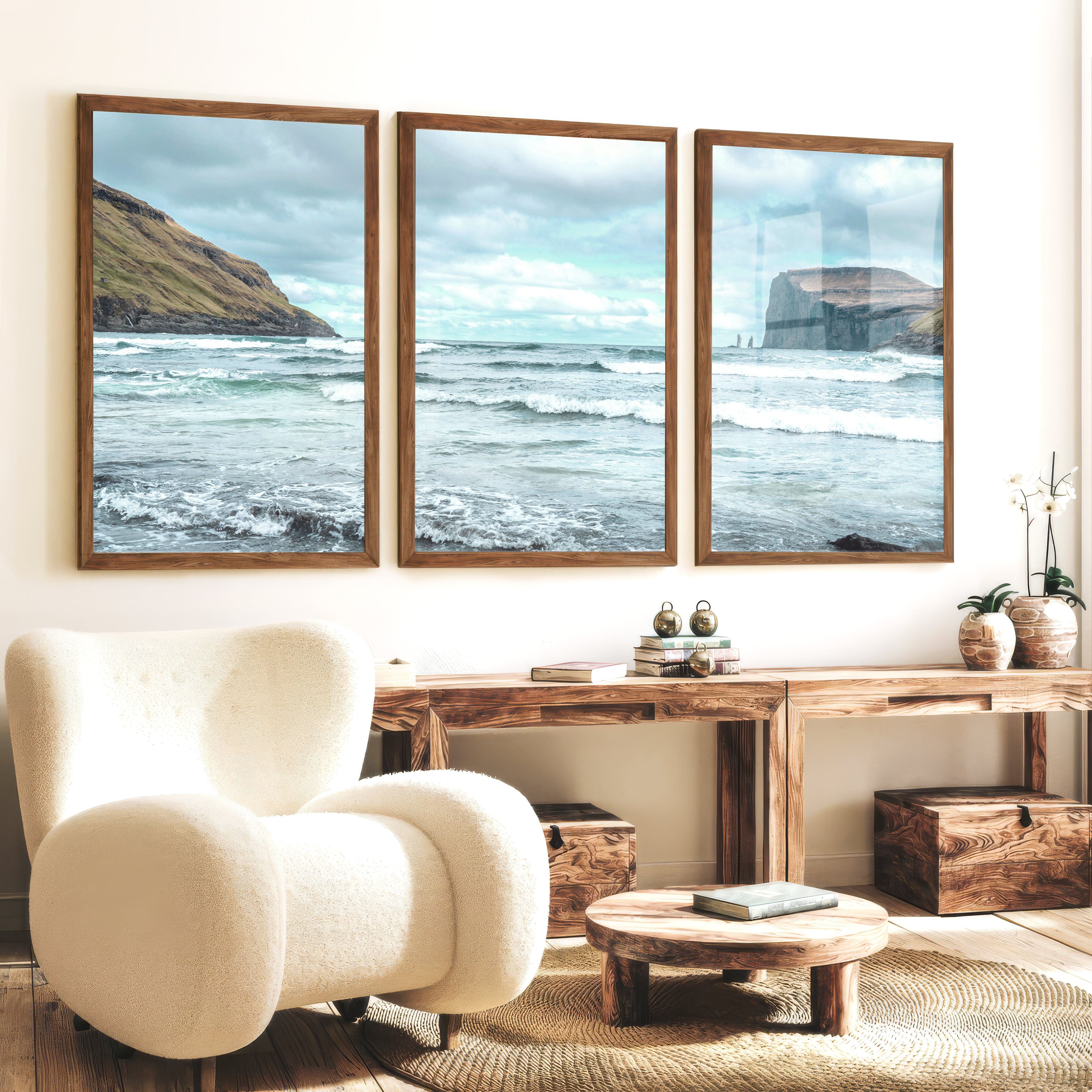 Atlantic Cliffs coastal wall pictures with Rolling Surf - Dark Brown Framed Poster No Border - Artworksets