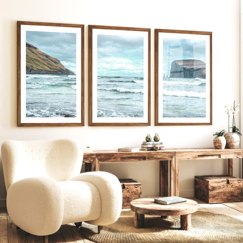 Atlantic Cliffs coastal wall pictures with Rolling Surf - Dark Brown Framed Poster with White Border - Artworksets