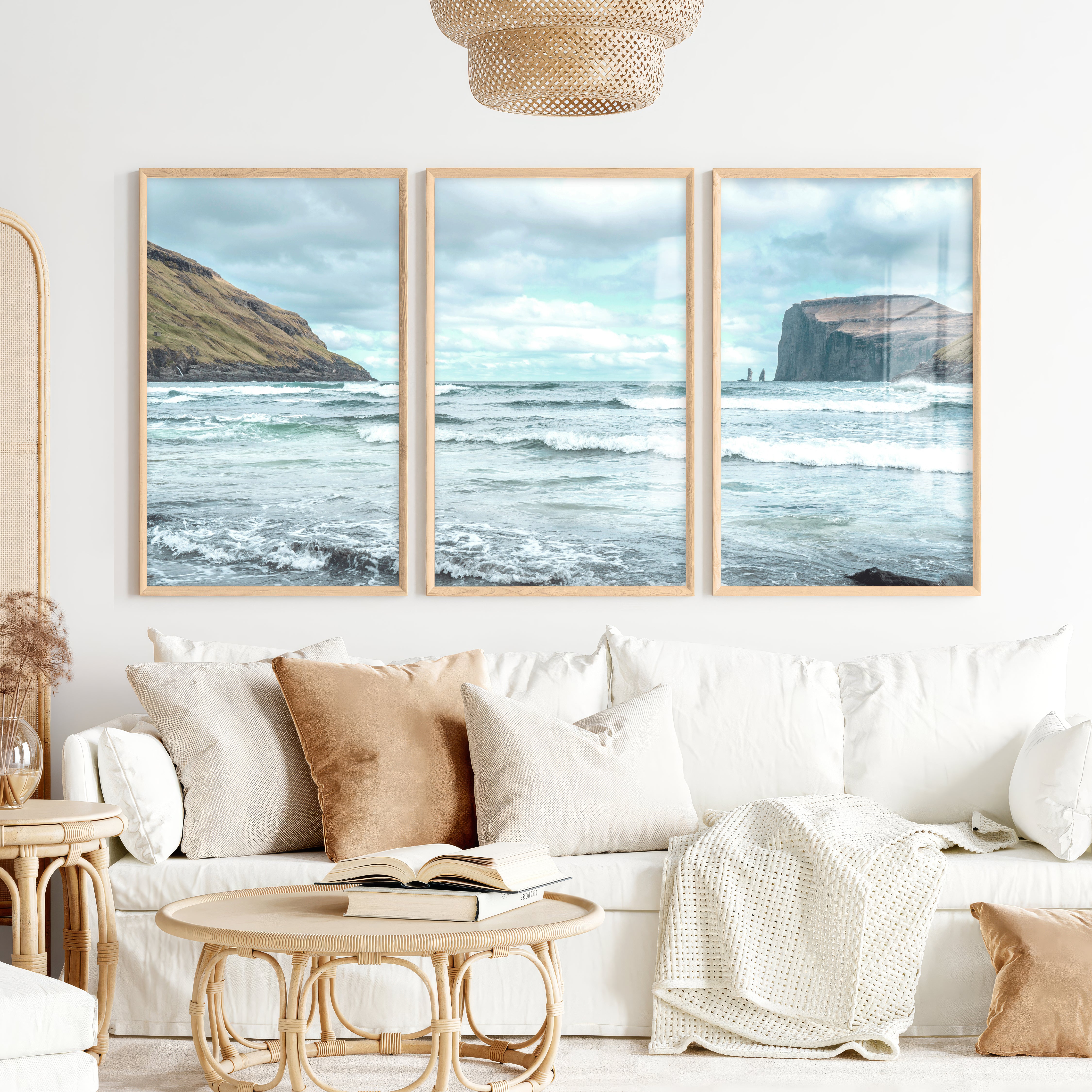 Atlantic Cliffs coastal wall pictures with Rolling Surf - Natural Wood Framed Poster No Border - Artworksets
