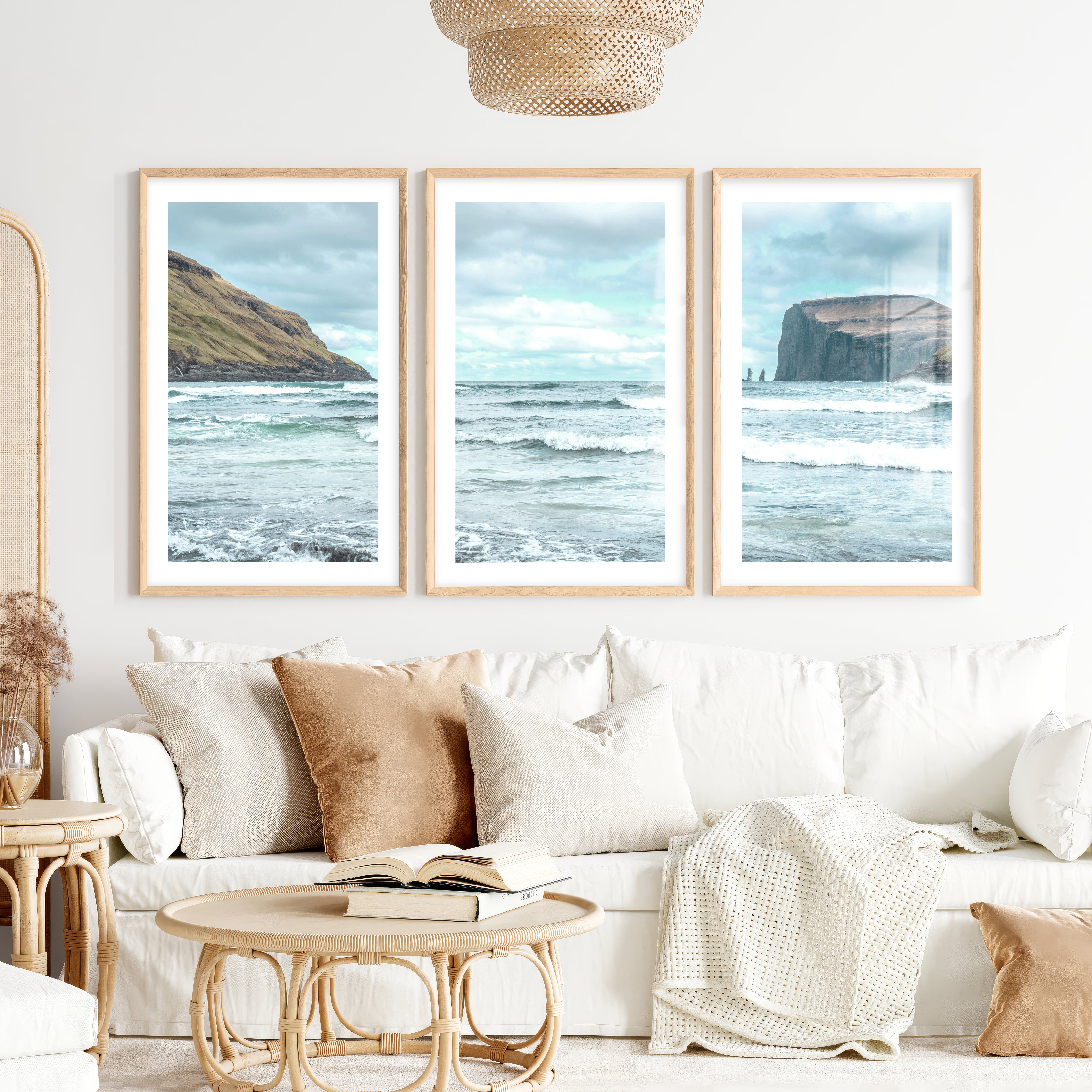 Atlantic Cliffs coastal wall pictures with Rolling Surf- Natural Wood Framed Poster with White Border - Artworksets