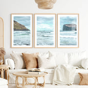 Atlantic Cliffs coastal wall pictures with Rolling Surf- Natural Wood Framed Poster with White Border - Artworksets