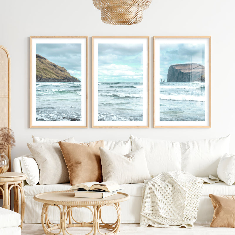 Atlantic Cliffs coastal wall pictures with Rolling Surf- Natural Wood Framed Poster with White Border - Artworksets