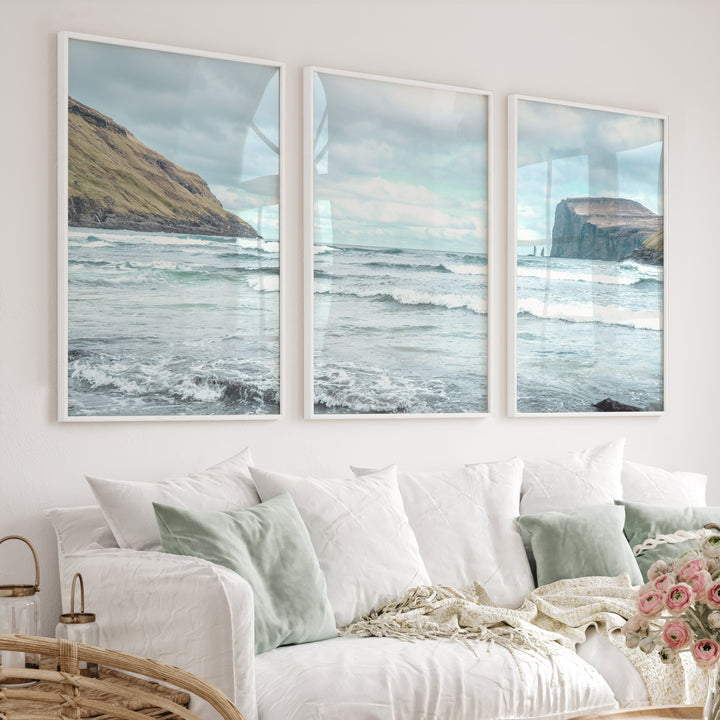 Atlantic Cliffs coastal wall pictures with Rolling Surf - White Framed Poster No Border - Artworksets