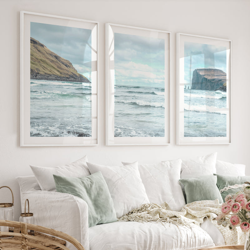 Atlantic Cliffs coastal wall pictures with Rolling Surf - White Framed Poster with White Border - Artworksets