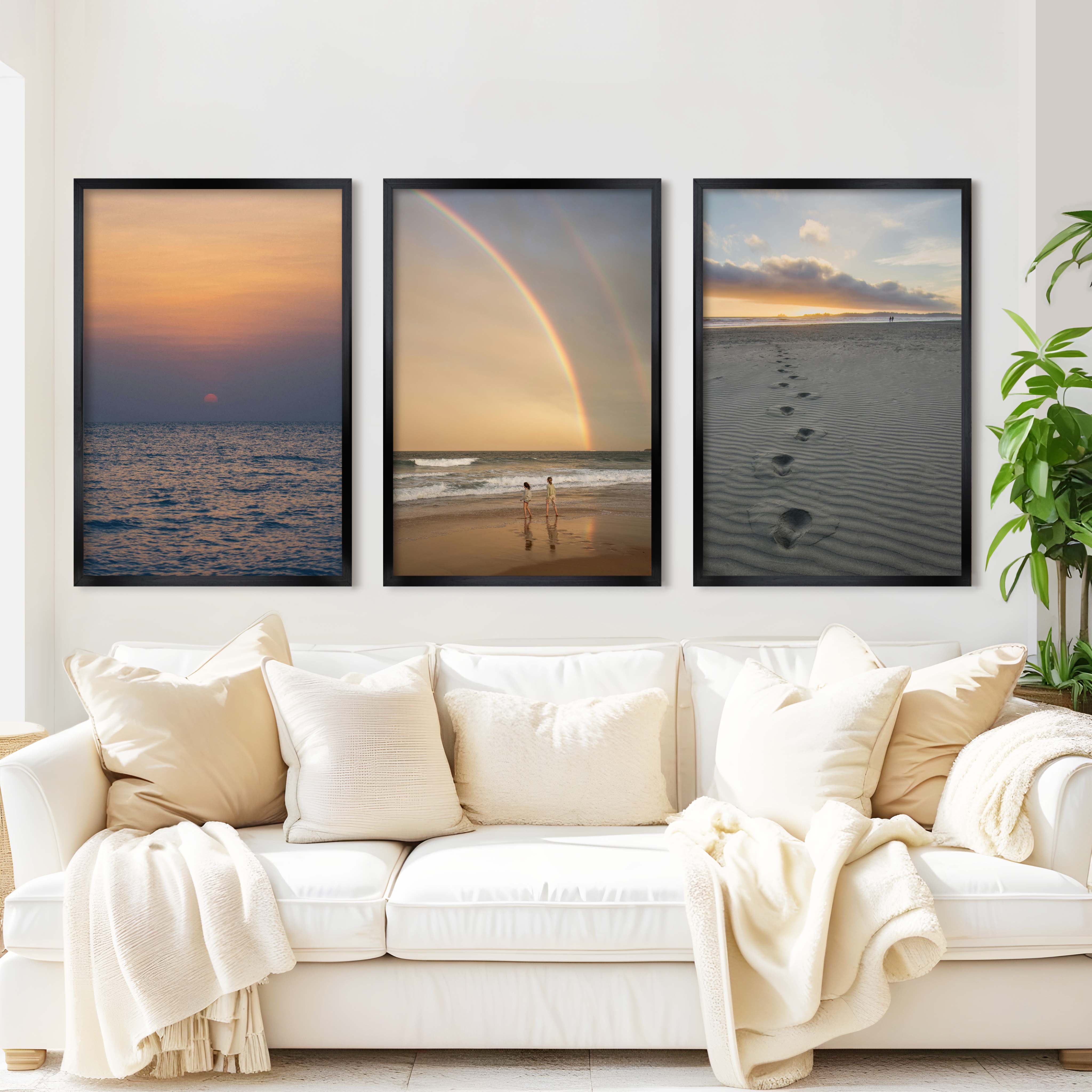 Coastal Wall Pictures – Sunset, Rainbow & Footprints (Set of 3) - Black Framed Poster No Border - Artworksets