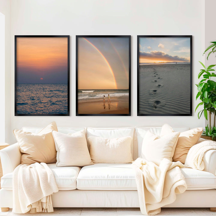 Coastal Wall Pictures – Sunset, Rainbow & Footprints (Set of 3) - Black Framed Poster No Border - Artworksets