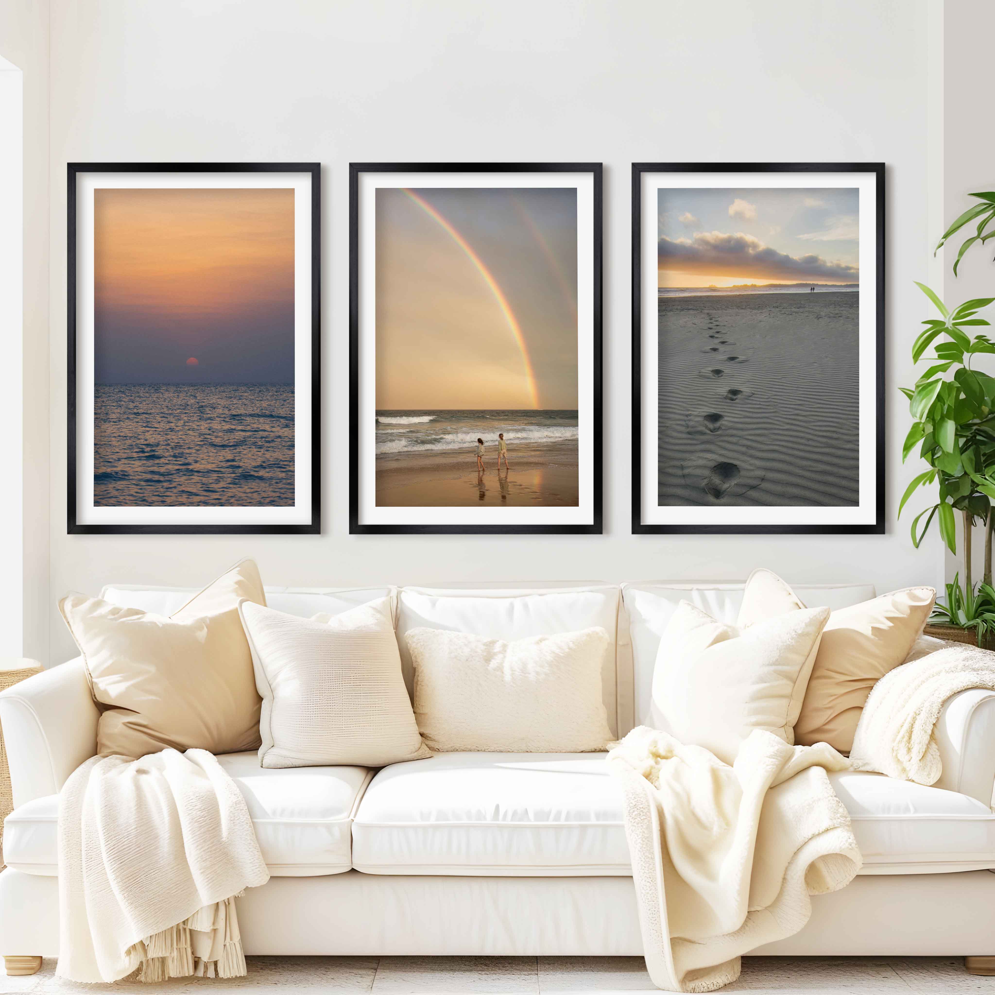 Coastal Wall Pictures – Sunset, Rainbow & Footprints (Set of 3) - Black Framed Poster with White Border - Artworksets