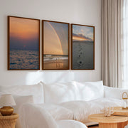 Coastal Wall Pictures – Sunset, Rainbow & Footprints (Set of 3) - Dark Brown Framed Poster No Border - Artworksets