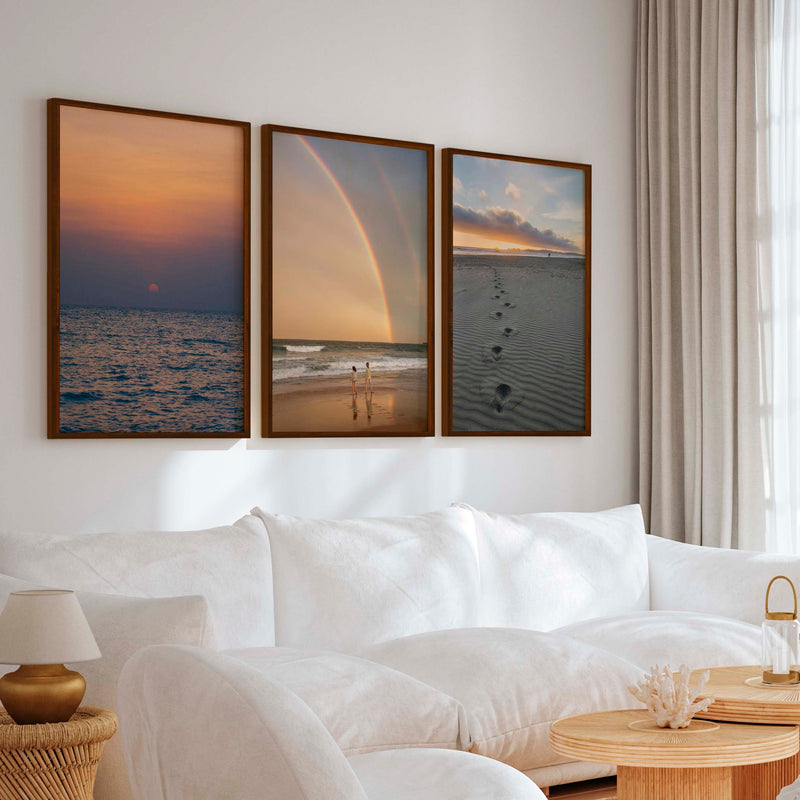 Coastal Wall Pictures – Sunset, Rainbow & Footprints (Set of 3) - Dark Brown Framed Poster No Border - Artworksets